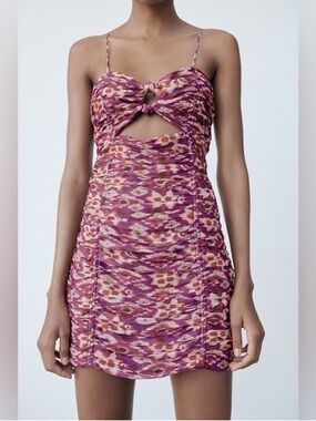 Zara Magenta Multi Ruched Cutout Mini Dress